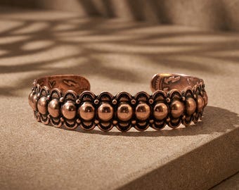 Copper Cuff Bracelet: Wide Bead Solid Copper Adjustable for Dainty Wrists