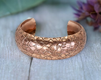 Hammered Solid Copper Cuff Bracelet: Domed Square Design, Adjustable