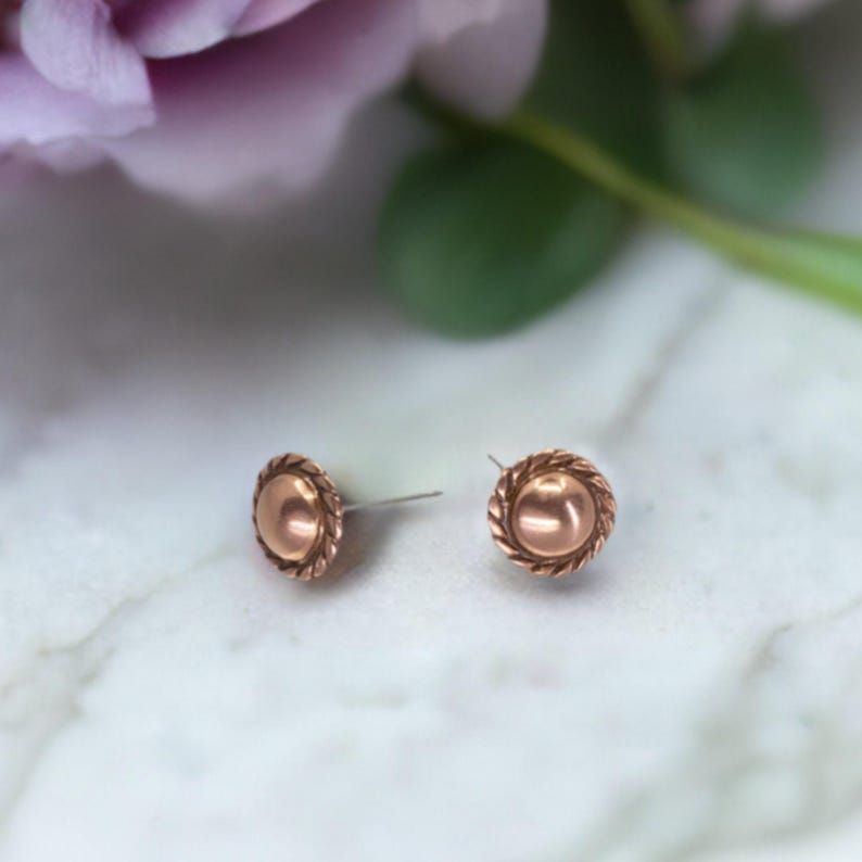 Solid Copper Stud Earrings: Hypoallergenic Steel Posts, Mini Size with Rope Border image 1