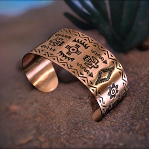 Solid Copper Cuff With Embossed Tribal Symbol Design, Etched Bracelet, Handmade Copper Jewelry, Antiqued Copper Bracelet