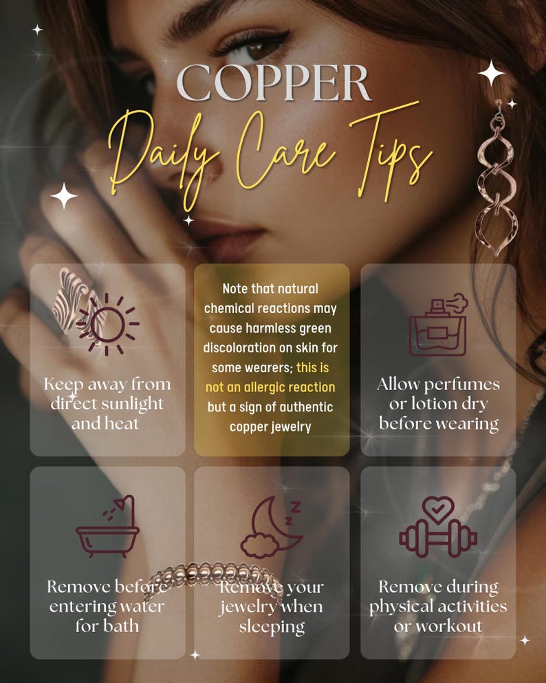 The image is a collage of six images, each providing daily care tips related to copper jewelry. The tips include keeping away from direct sunlight and heat, allowing natural chemical reactions to discolor copper jewelry, avoiding perfume before wearing copper jewelry, removing before entering water, removing during physical activities, and removing during sleep.
