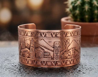 Etched Copper Cuff Bracelet: Mexican Motif Design, Adjustable Bangle