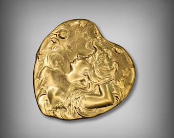 Victorian Brass Heart Cameo: Ornate Jewelry Findings (43.7x41.5mm)