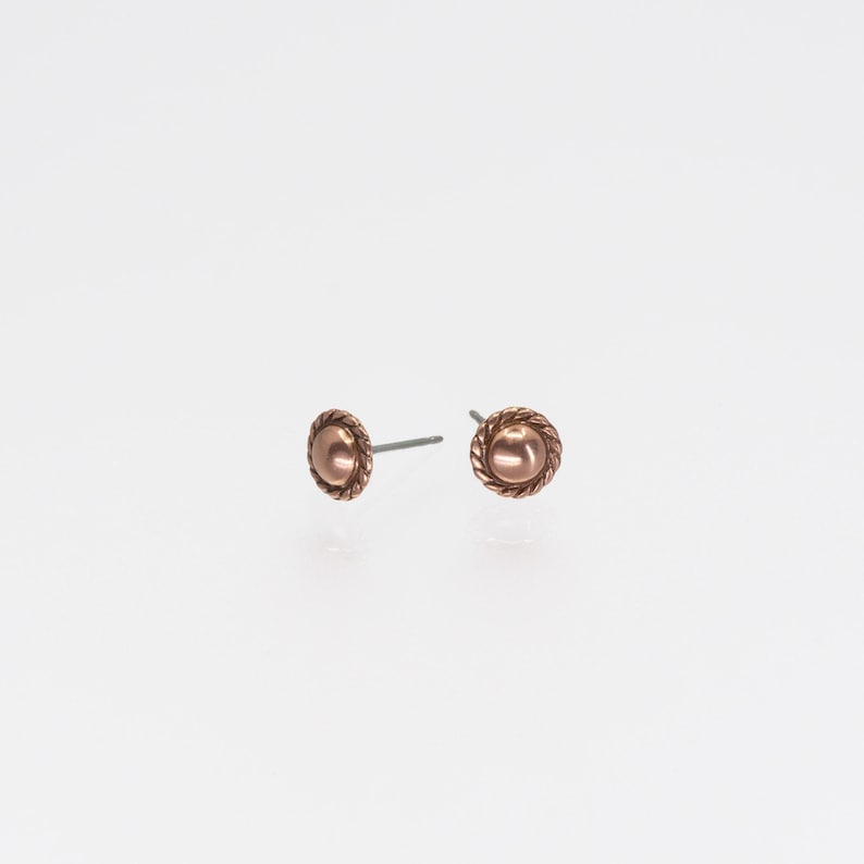 Solid Copper Stud Earrings: Hypoallergenic Steel Posts, Mini Size with Rope Border image 8