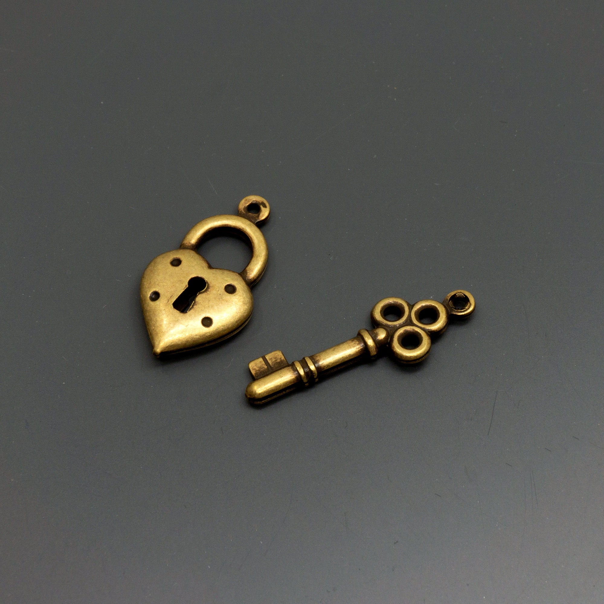 Charm - Lock with Heart Shape Key Hole, Antique Gold