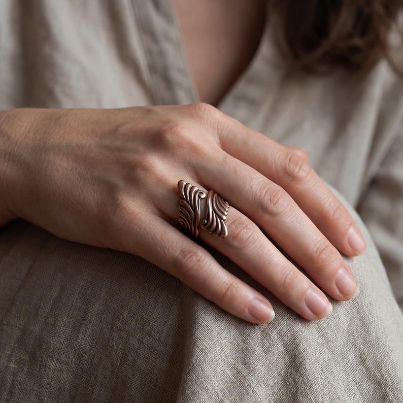 Solid Copper Scroll Ring: Adjustable Bypass Wrap Ring with Antique Finish image 5