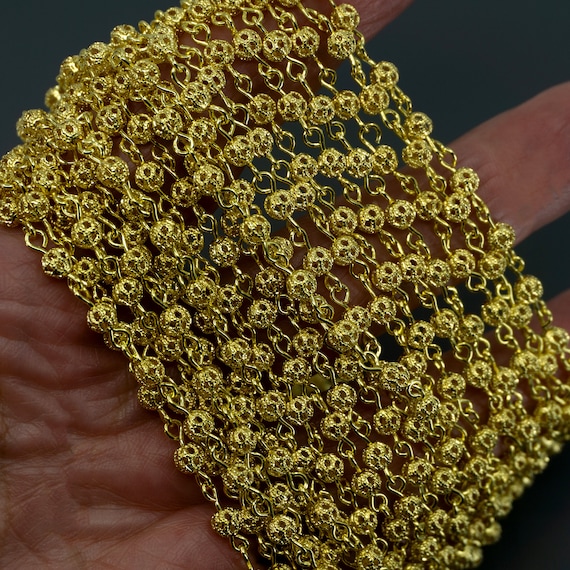 Brass Filigree Rosary Chain: Gold Beaded Jewelry Making (4MM)