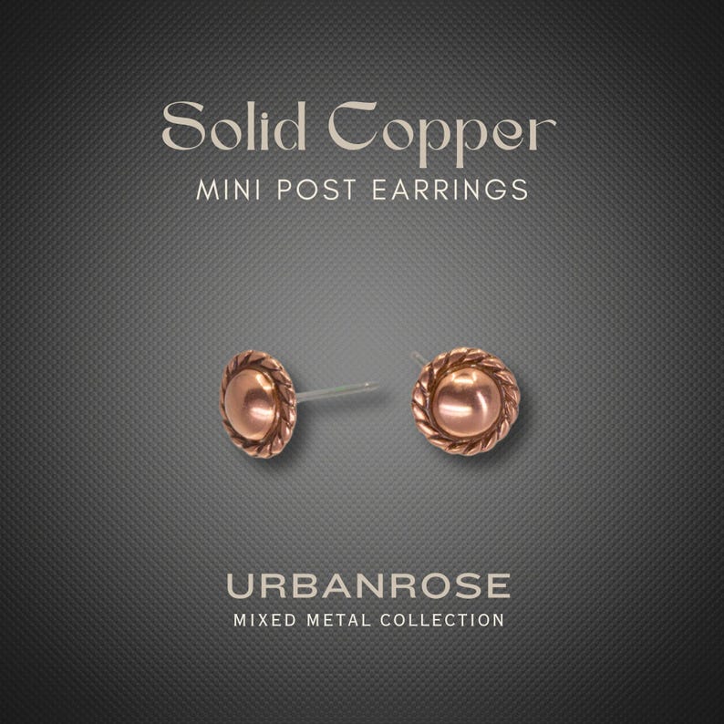 Solid Copper Stud Earrings: Hypoallergenic Steel Posts, Mini Size with Rope Border image 4