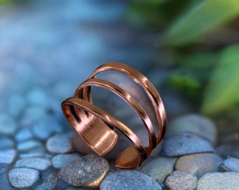 Solid Copper Ring, Adjustable Solid Copper Three-Tier 3-Prong Ring with Baked Lacquer Coating Lightweight Copper Jewelry
