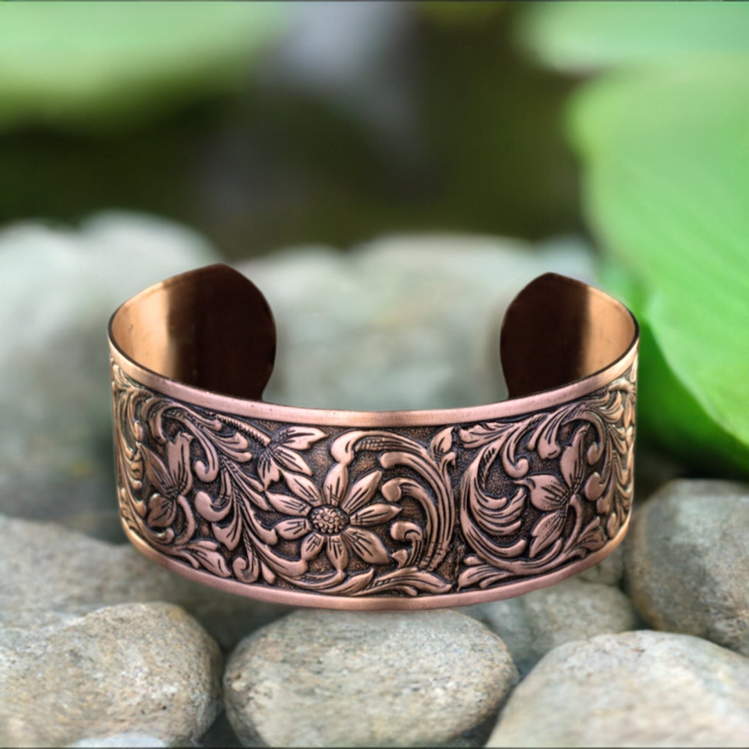 Copper Bracelet With Embossed FLORAL Design, Solid Copper Jewelry