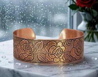 Embossed Rose Solid Copper Cuff Bracelet: Antiqued Adjustable Design