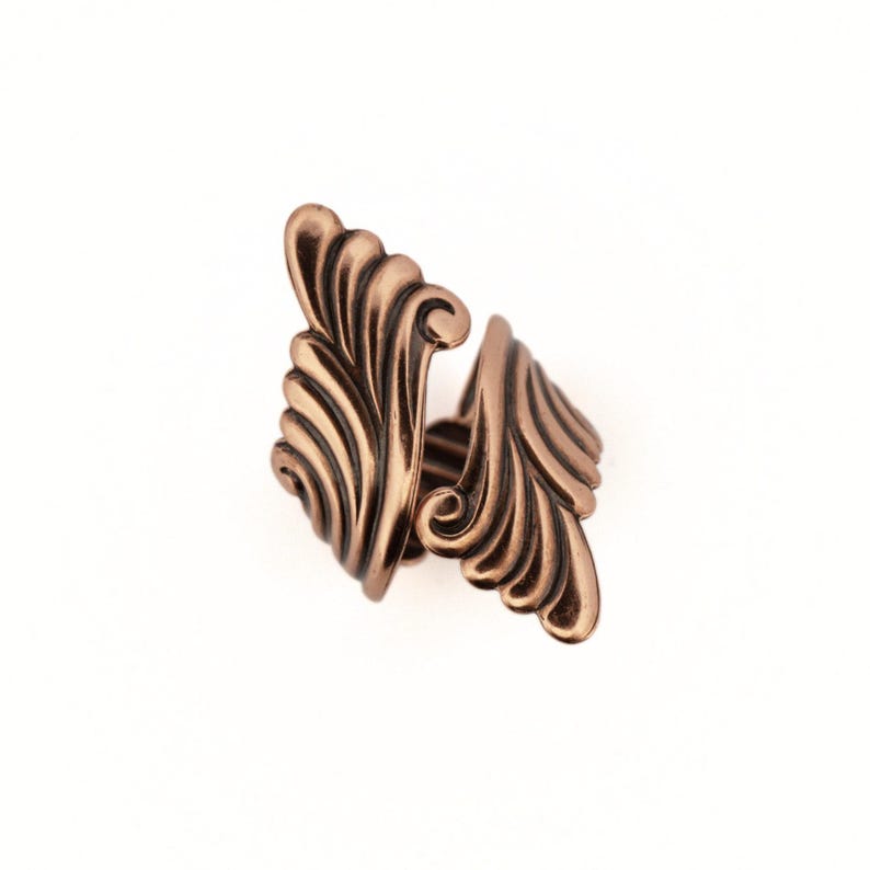 a pair of ornate, twisted metal rings with a reddish-brown hue.