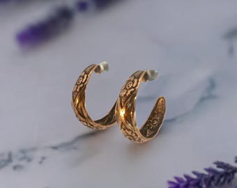 Small Handmade Solid Copper Floral Hoop Earrings: Hypoallergenic Steel Posts - half inch diameter