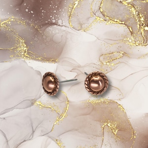 Solid Copper Stud Earrings: Hypoallergenic Steel Posts, Mini Size with Rope Border image 2