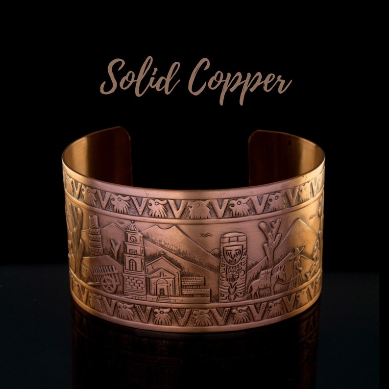 Copper Cuff MEXICAN Motif Design, Pure COPPER Cuff Bracelet, Etched Copper Cuff Bangle, Healing Copper Cuff Bracelet image 3