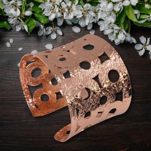 Solid COPPER Wide Cutout Copper Statement Cuff Bracelet, Pleated Cutout Design, Shiny Wide Copper Cuff Bracelet