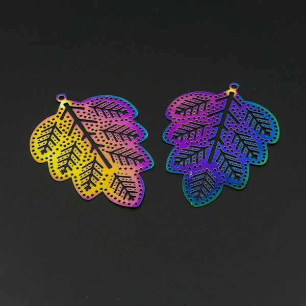 Rainbow Metal Laser Cut, SHINY Multicolor LEAF Pendant, 201 Stainless Steel Filigree, Titanium Leaf, Double-Sided Rainbow Iridescent Leaf
