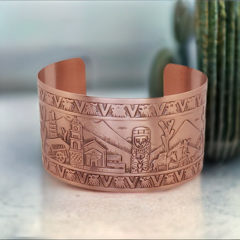 Copper Cuff MEXICAN Motif Design, Pure COPPER Cuff Bracelet, Etched Copper Cuff Bangle, Healing Copper Cuff Bracelet image 2