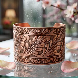 Embossed Scroll Copper Cuff Bracelet: Handmade Antiqued Jewelry