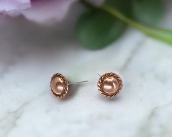 Solid Copper Stud Earrings: Hypoallergenic Steel Posts, Mini Size with Rope Border