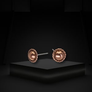 Solid Copper Stud Earrings: Hypoallergenic Steel Posts, Mini Size with Rope Border image 3