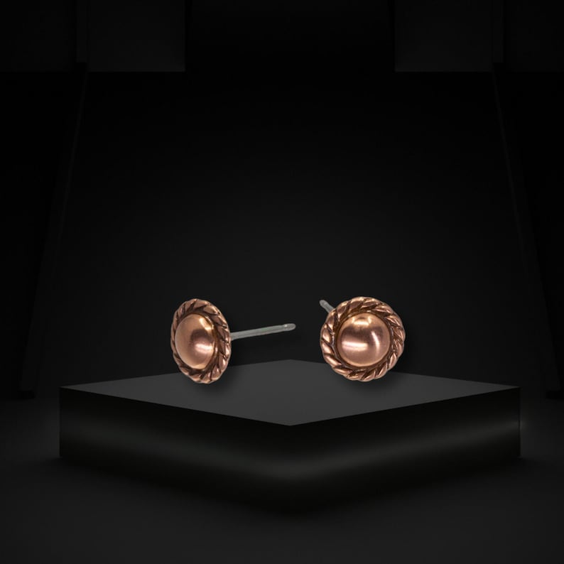 Solid Copper Stud Earrings: Hypoallergenic Steel Posts, Mini Size with Rope Border image 3