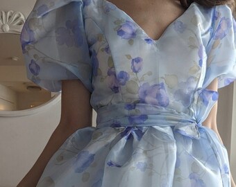 Floral puff sleeve organza dress