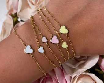Juego de pulseras de plata de ley con corazón esmaltado para mamá y yo: joyas para mamá y bebé, joyas minimalistas, joyas delicadas