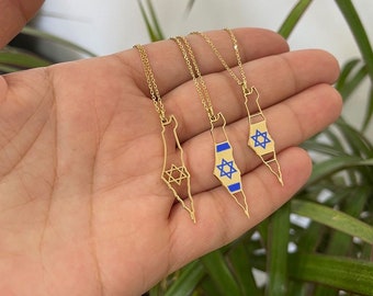 Collar con el mapa de Israel - Collar con la estrella judía - Joyería judía - Collar con la bandera israelí