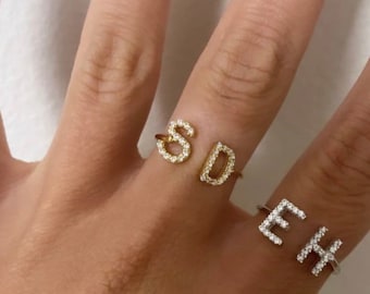 Double Initial CZ Ring - Thin Sterling Silver Ring- Engraved Ring Sterling Silver