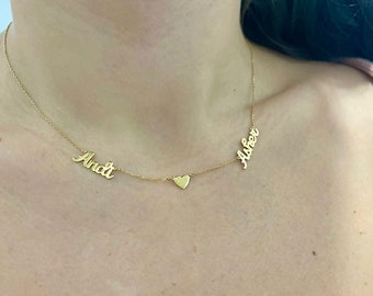 Collar con nombre personalizado de oro macizo de 14 quilates con corazones de Liz - Collar con nombre de oro de 14 quilates - Collar con nombre personalizado de oro macizo de 18 quilates - Regalo de cumpleaños