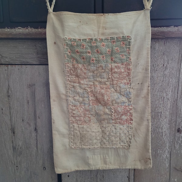 Large Antique Quilted Grain sack Peg Rail Bag/ Primitive Peg Rail Bag/ Vintage Wall Bag/ Door Hanger/ Farmhouse Decor