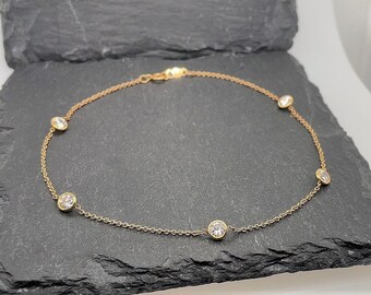 Vintage 14K geelgouden CZ Cubic Zirconia enkelband enkelband 9,25" diamanten op maat gesneden stijl