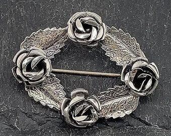 Vintage Sterling Silver Roses Wreath Brooch Signed Hand Made LANG