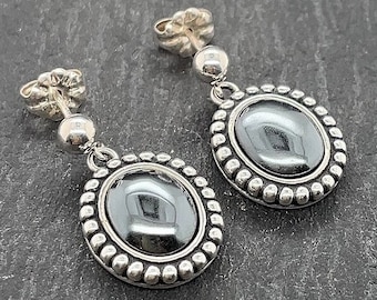 Vintage Sterling Silver Hematite Dangle Stud Earrings