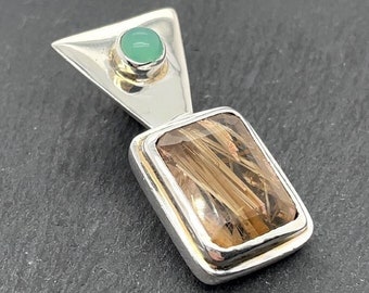 Vintage Sterling Silver Golden Rutile Quartz Green Aventurine Pendant Venus Hair