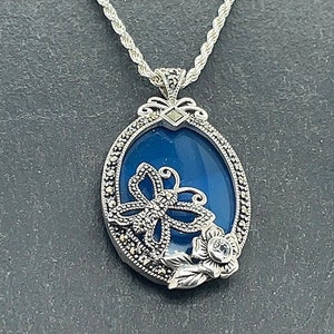 Vintage Sterling Silver Marcasite Butterfly Necklace Blue Glass 18&quot;