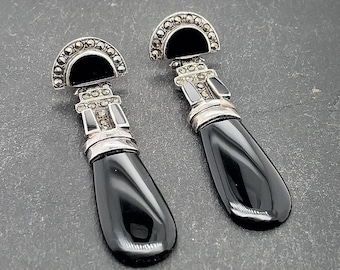Vintage Sterling Silver Black Onyx Marcasite Stud Dangle Earrings