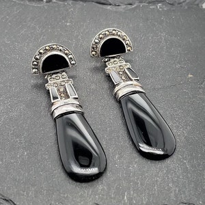 Vintage Sterling Silver Black Onyx Marcasite Stud Dangle Earrings