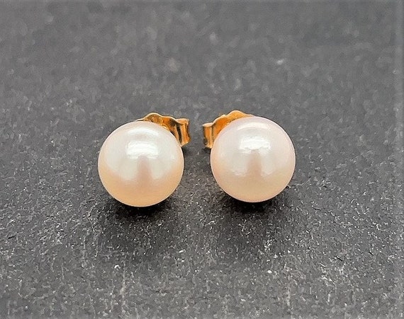 Vintage 14K Yellow Gold Cultured Pearl Stud Earri… - image 2
