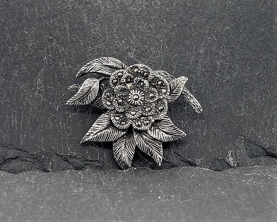 Vintage Sterling Silver Marcasite Flower Brooch P… - image 1