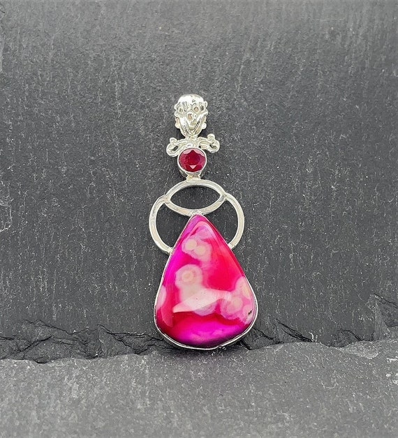 Vintage Sterling Silver Pink Agate And Ruby Neckl… - image 1