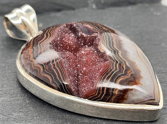 Vintage Sterling Silver Brown Agate Druzy Crystal… - image 4