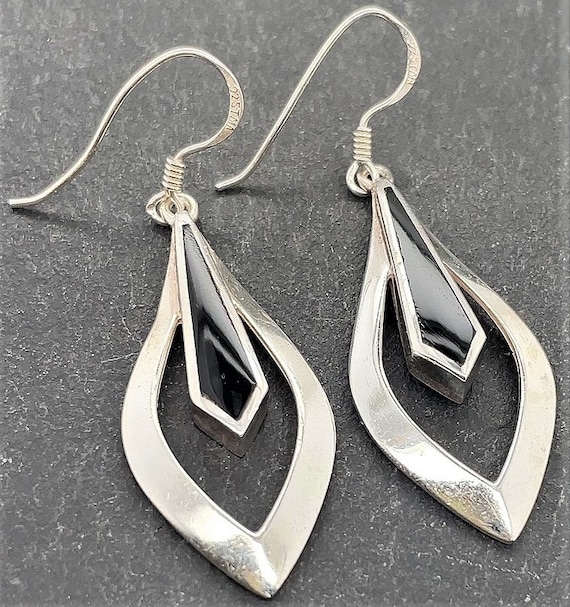 Vintage Sterling Silver Black Onyx Dangle Earrings - image 2