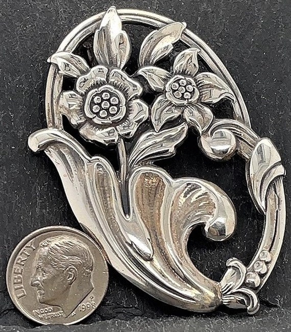 Vintage Sterling Silver Flower Brooch Pin Signed … - image 2