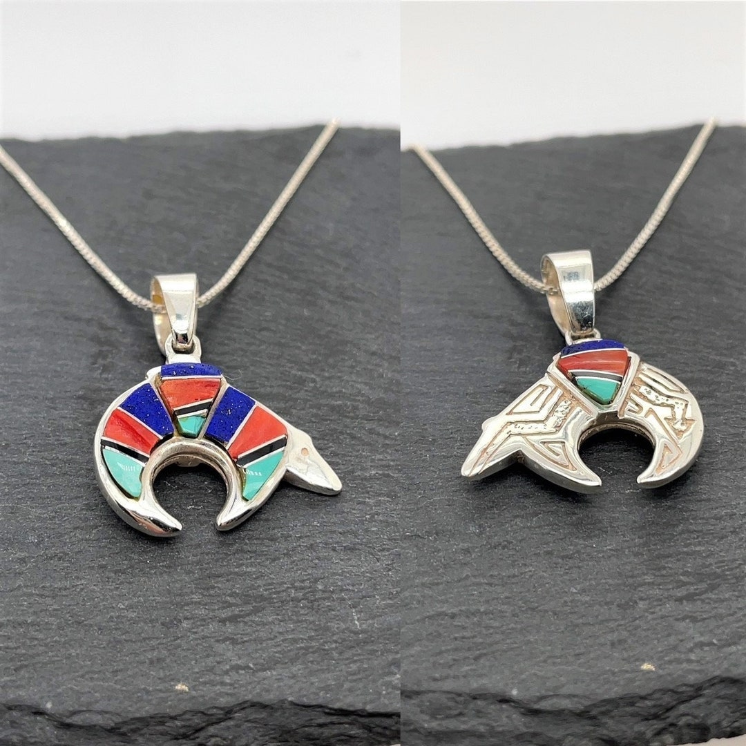 Vintage Sterling Silver Zuni Bear Necklace Reversible Inlaid Etsy