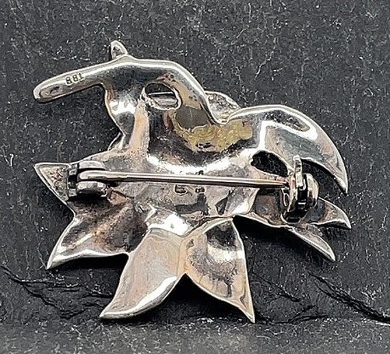 Vintage Sterling Silver Marcasite Flower Brooch P… - image 3
