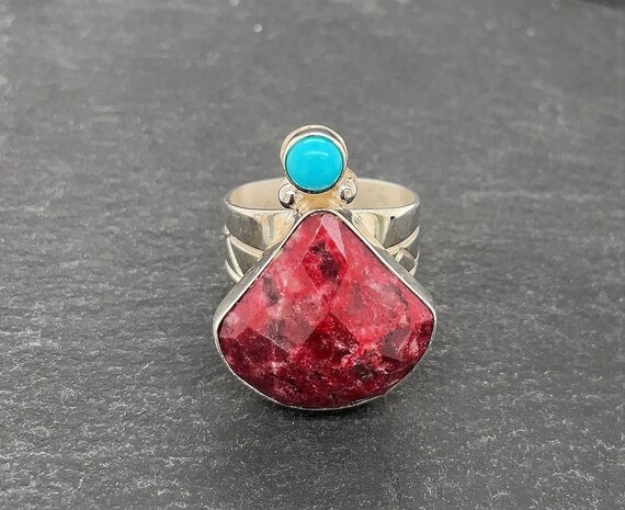 Vintage Sterling Silver Thulite And Turquoise Rin… - image 1