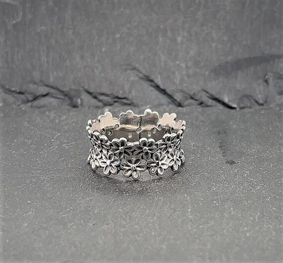 Vintage Sterling Silver Flower Band Ring Signed B… - image 1