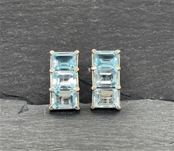 Vintage Sterling Silver Blue CZ Rectangle Stud Ea… - image 2